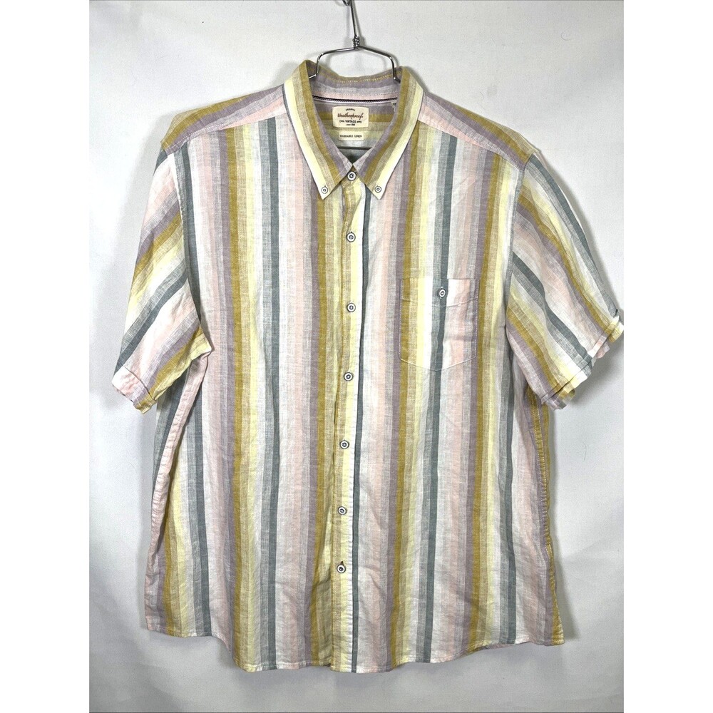Weatherproof Vintage Washable Linen Shirt  Men's XXL Stripe Casual Button Up